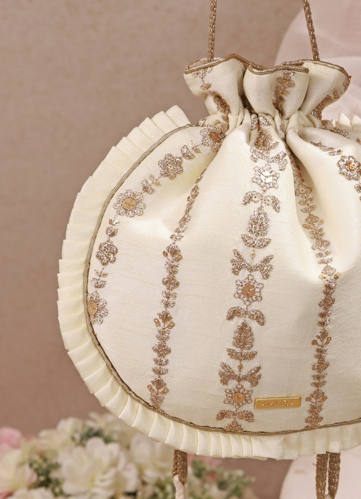 Ivory Embroidered Silk Pleated Potli
