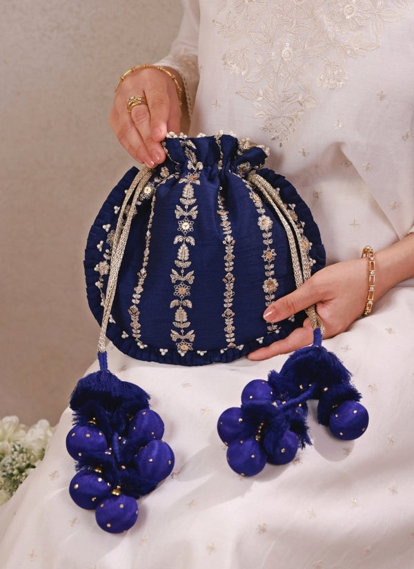 Navy Blue Embroidered Silk Pleated Potli