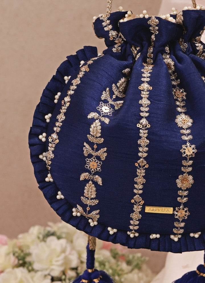 Navy Blue Embroidered Silk Pleated Potli