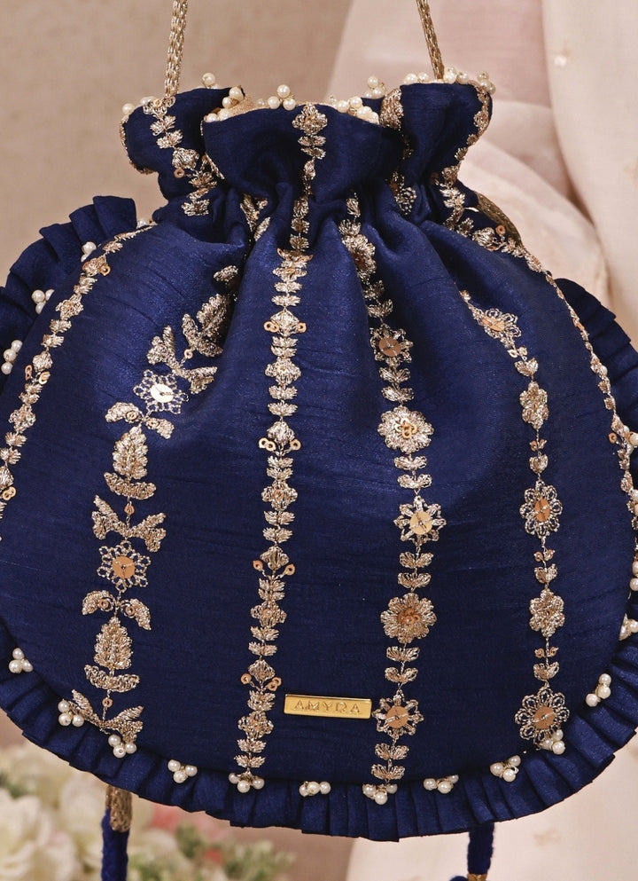 Navy Blue Embroidered Silk Pleated Potli