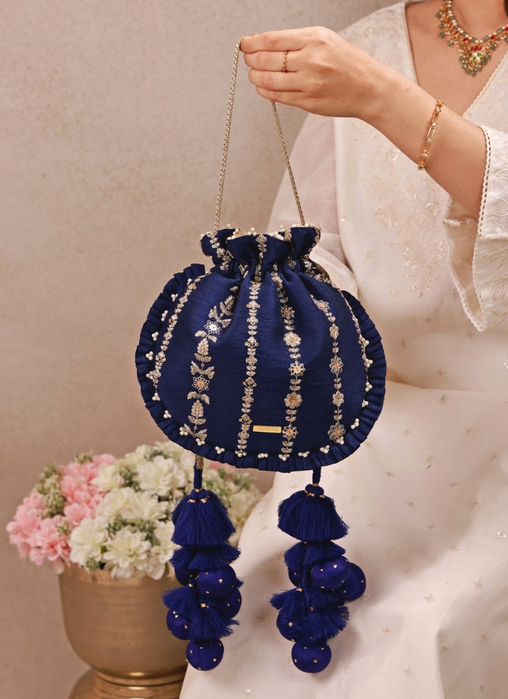 Navy Blue Embroidered Silk Pleated Potli