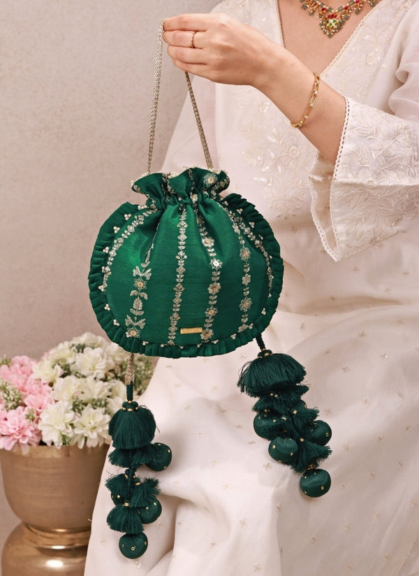 Green Embroidered Silk Pleated Potli