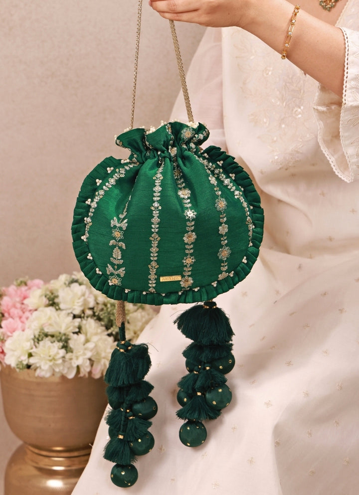 Green Embroidered Silk Pleated Potli