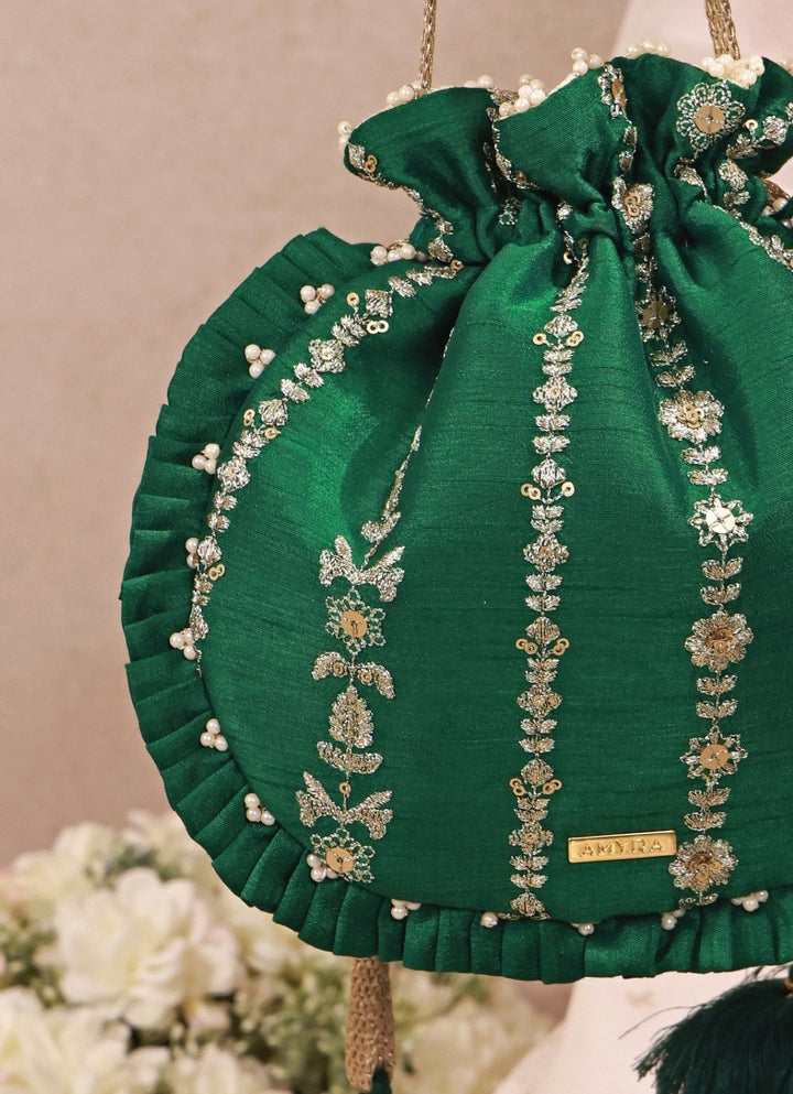 Green Embroidered Silk Pleated Potli