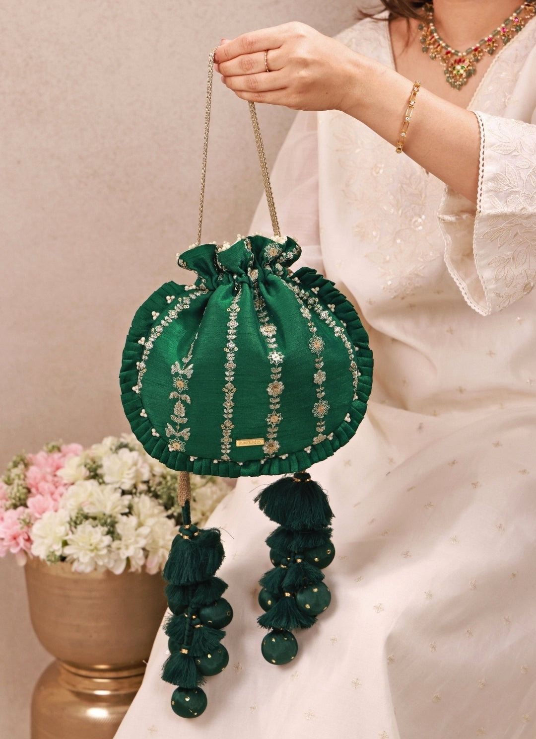 Green Embroidered Silk Pleated Potli
