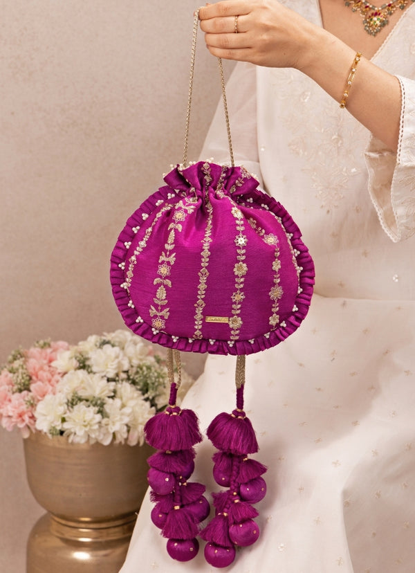 Purple Embroidered Silk Pleated Potli