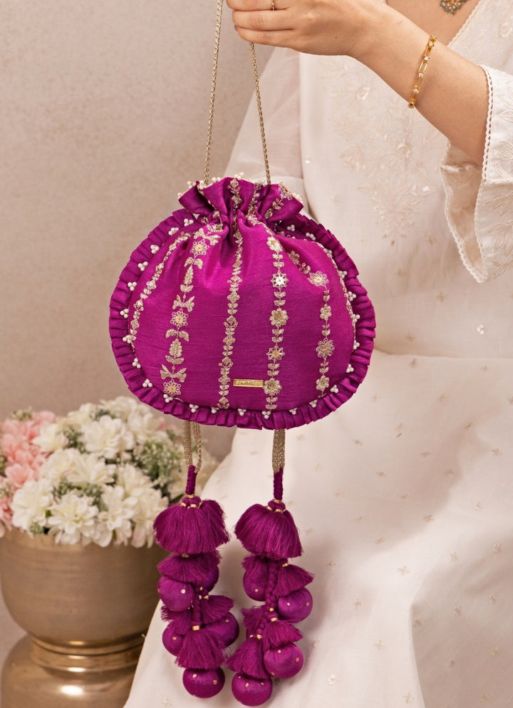 Purple Embroidered Silk Pleated Potli
