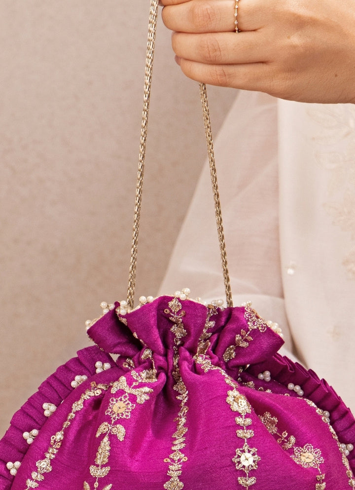 Purple Embroidered Silk Pleated Potli