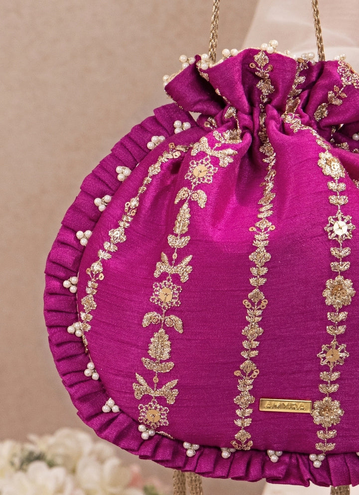 Purple Embroidered Silk Pleated Potli