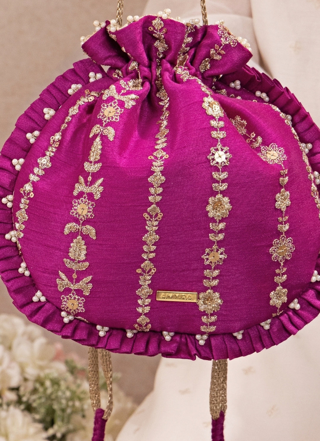 Purple Embroidered Silk Pleated Potli