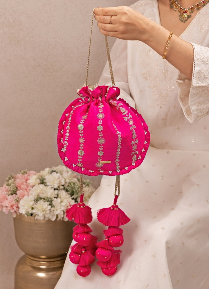 Hot Pink Embroidered Silk Pleated Potli
