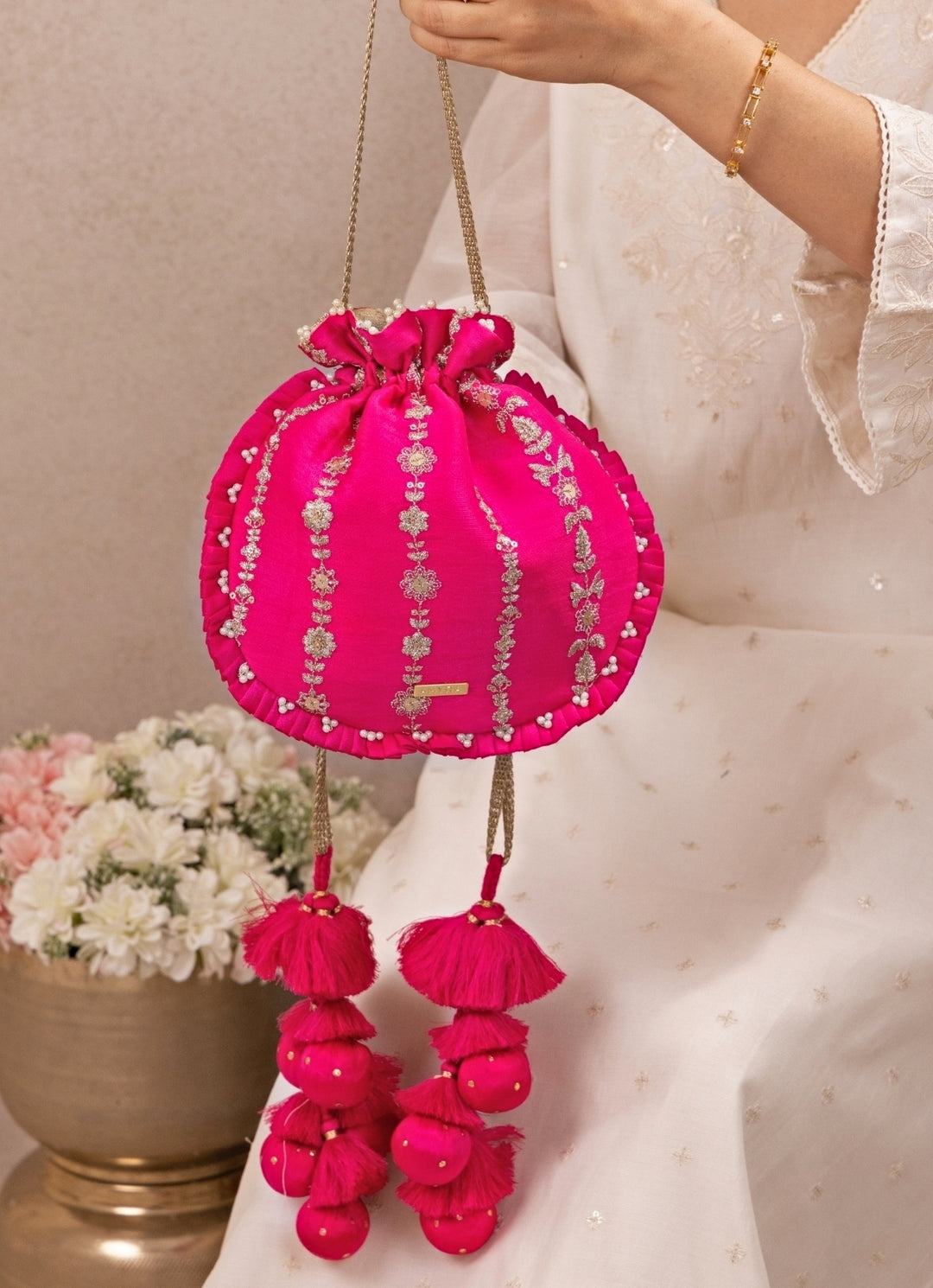 Hot Pink Embroidered Silk Pleated Potli
