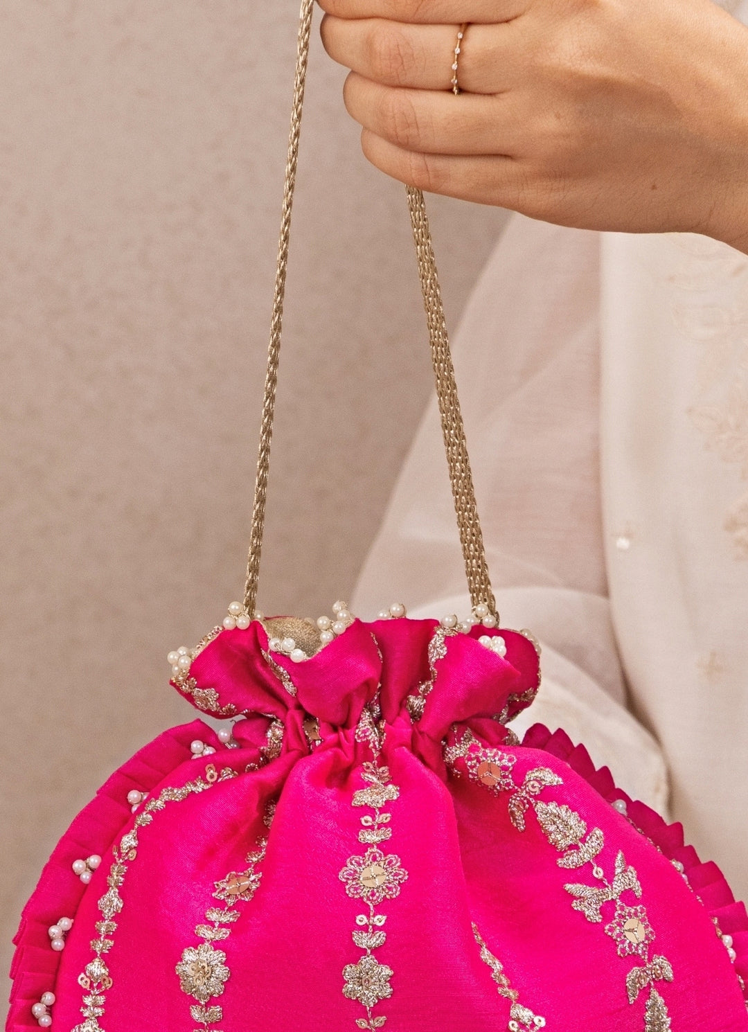 Hot Pink Embroidered Silk Pleated Potli
