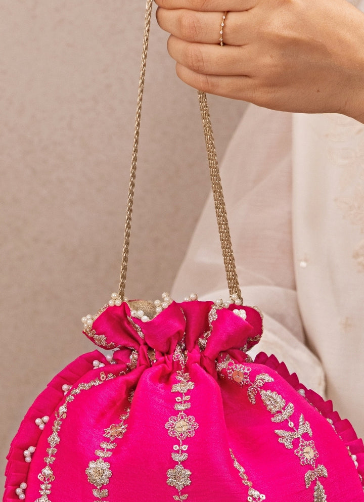 Hot Pink Embroidered Silk Pleated Potli