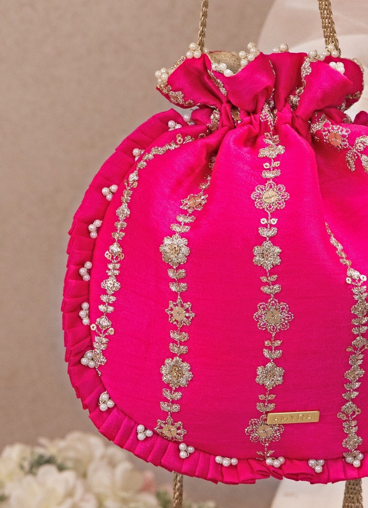 Hot Pink Embroidered Silk Pleated Potli