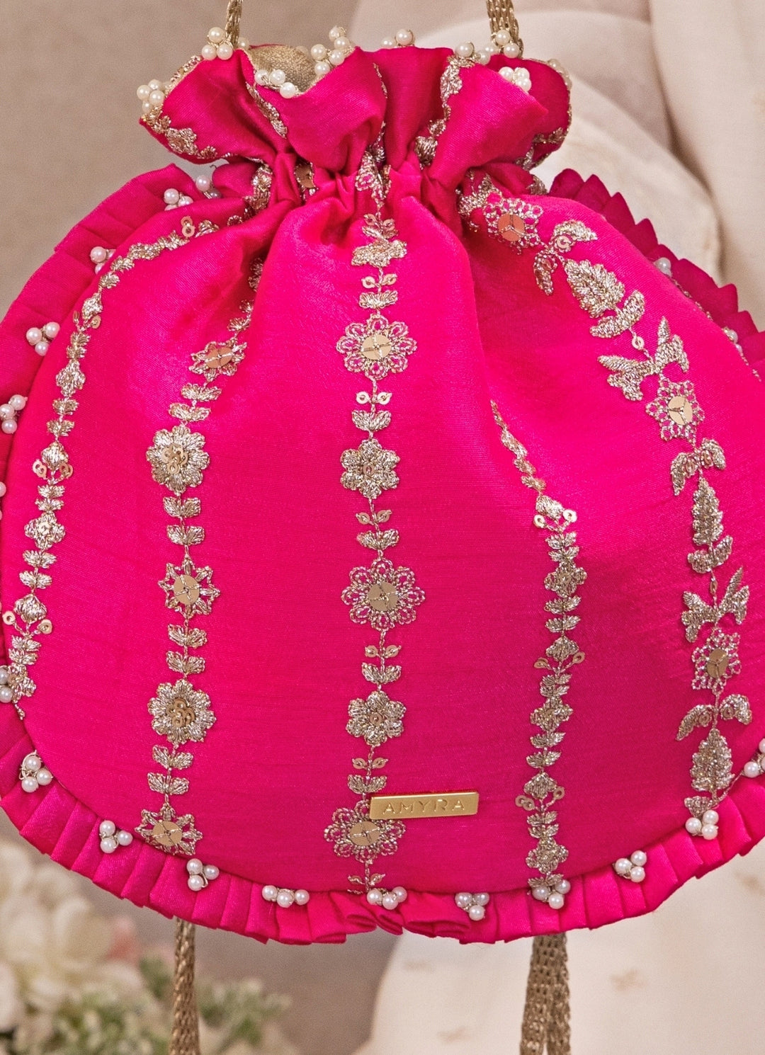 Hot Pink Embroidered Silk Pleated Potli