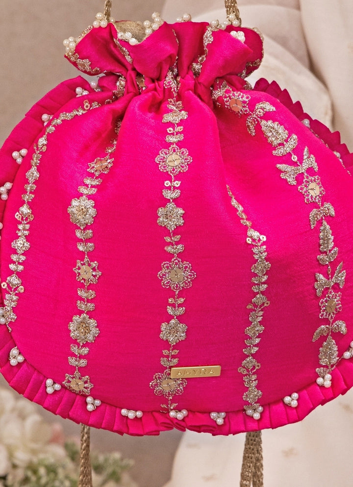 Hot Pink Embroidered Silk Pleated Potli