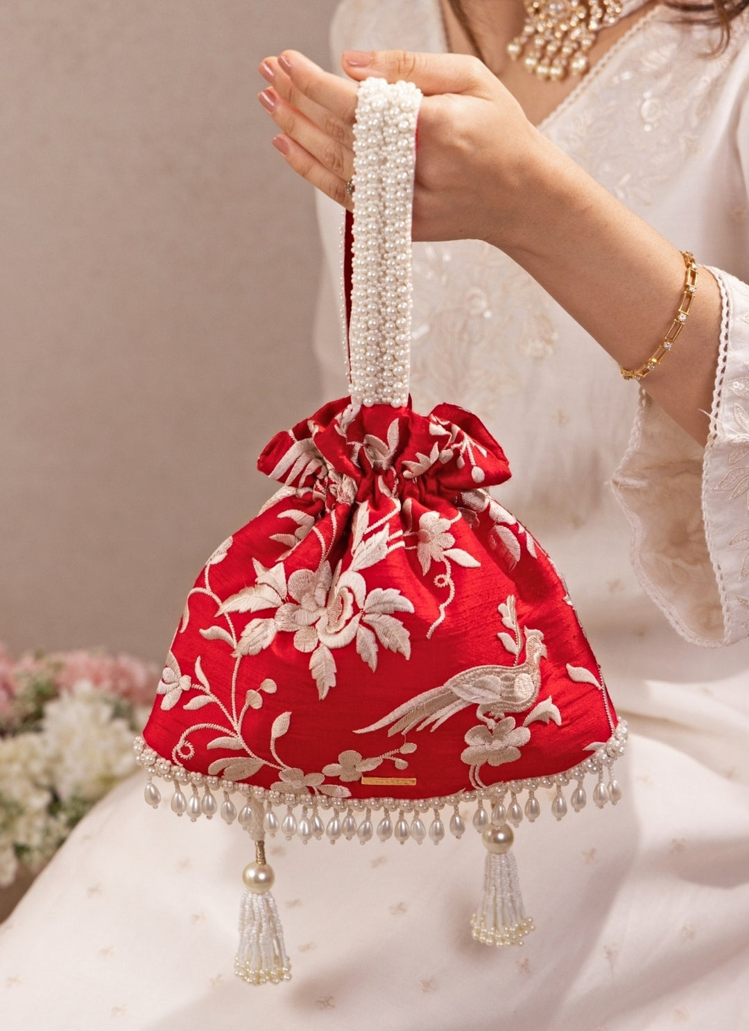 Red Embroidered Silk Top Handle Potli
