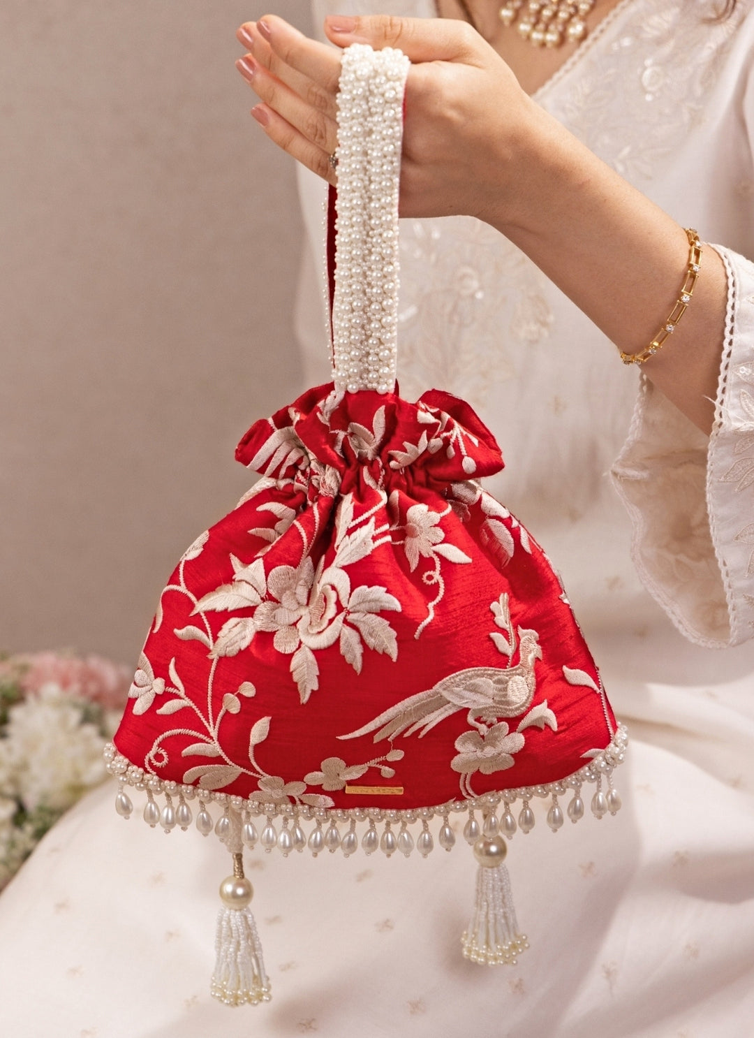 Red Embroidered Silk Top Handle Potli