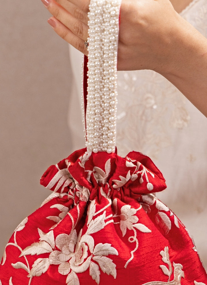 Red Embroidered Silk Top Handle Potli