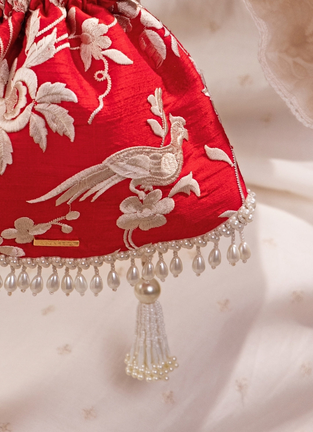 Red Embroidered Silk Top Handle Potli