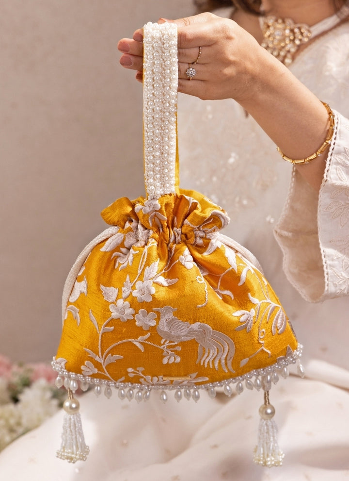 Mustard Yellow Embroidered Silk Top Handle Potli