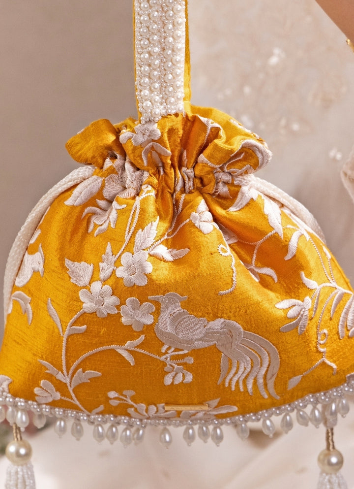 Mustard Yellow Embroidered Silk Top Handle Potli