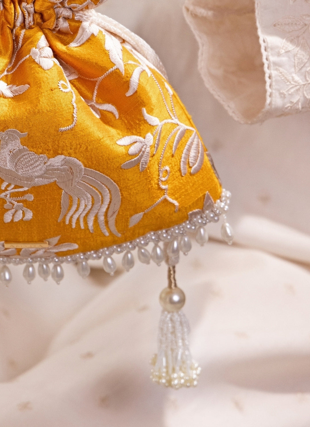 Mustard Yellow Embroidered Silk Top Handle Potli