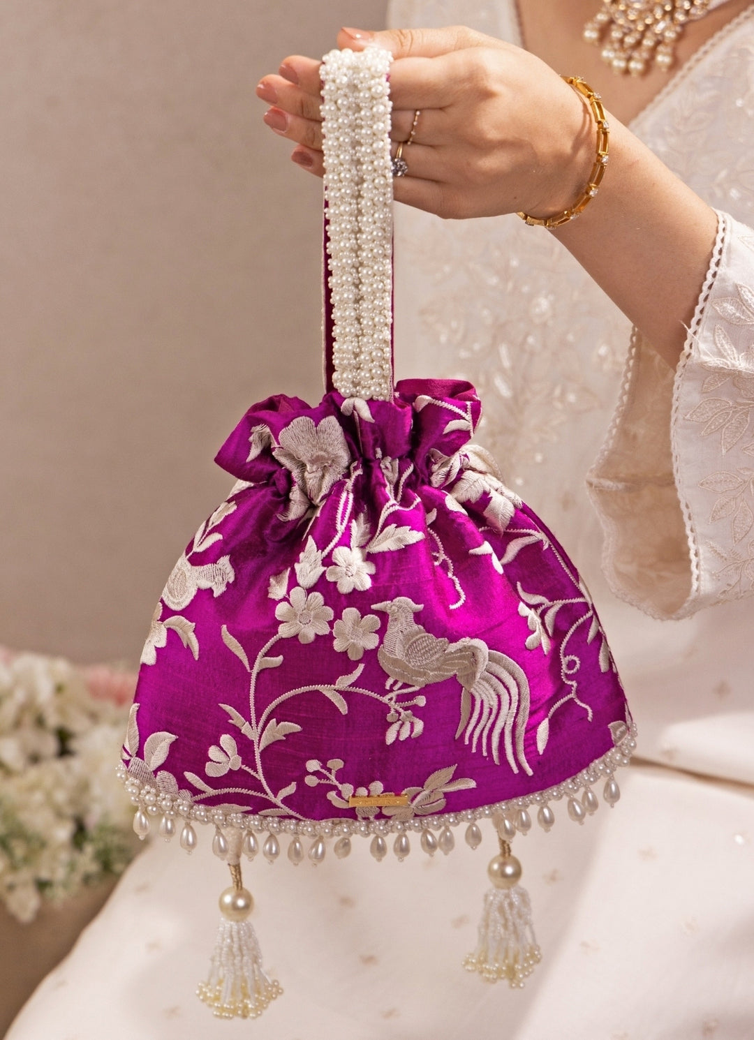 Purple Embroidered Silk Top Handle Potli