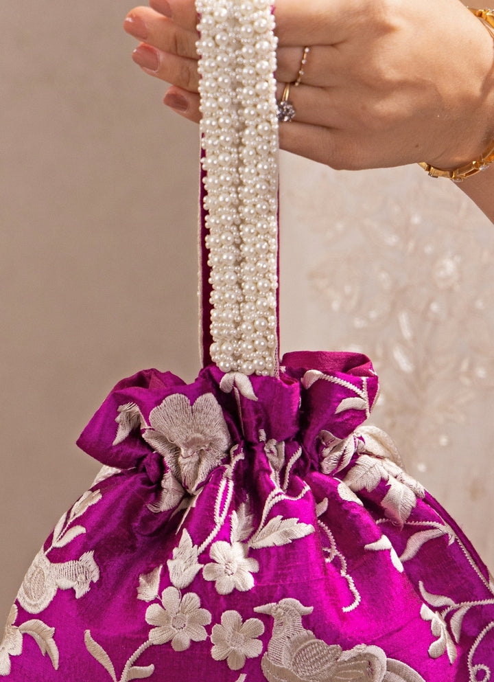 Purple Embroidered Silk Top Handle Potli