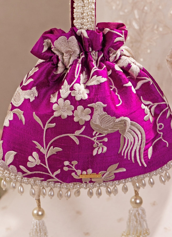 Purple Embroidered Silk Top Handle Potli