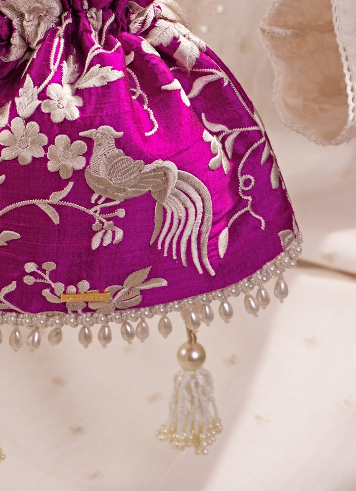 Purple Embroidered Silk Top Handle Potli