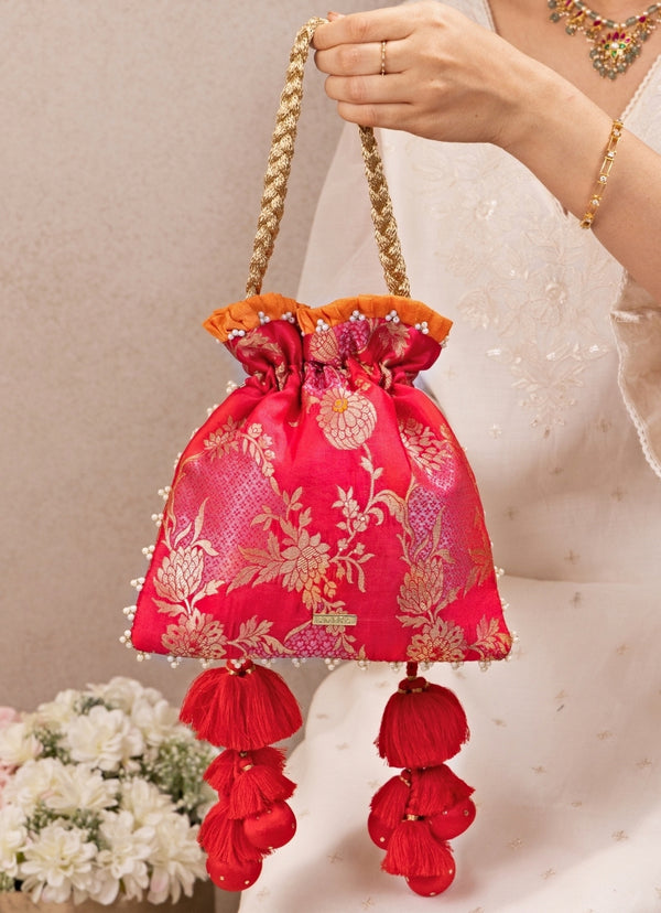 Red Silk Pleated Potli