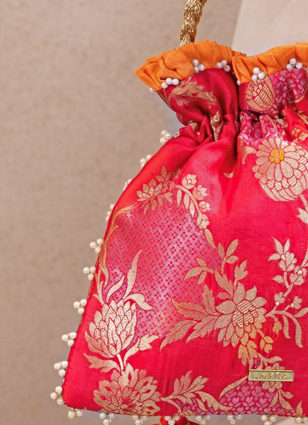 Red Silk Pleated Potli