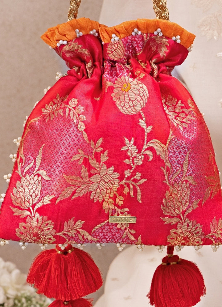 Red Silk Pleated Potli