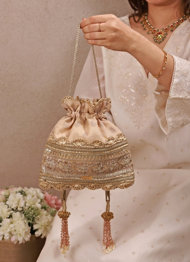 Beige Brocade Silk Potli