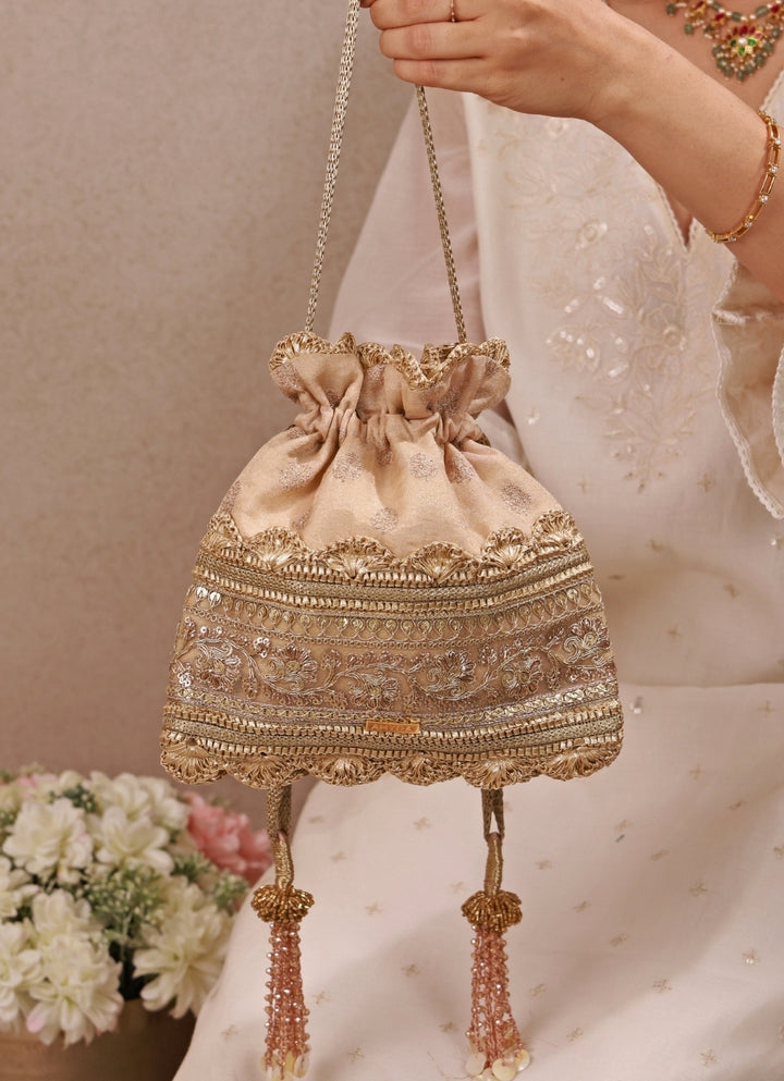 Beige Brocade Silk Potli