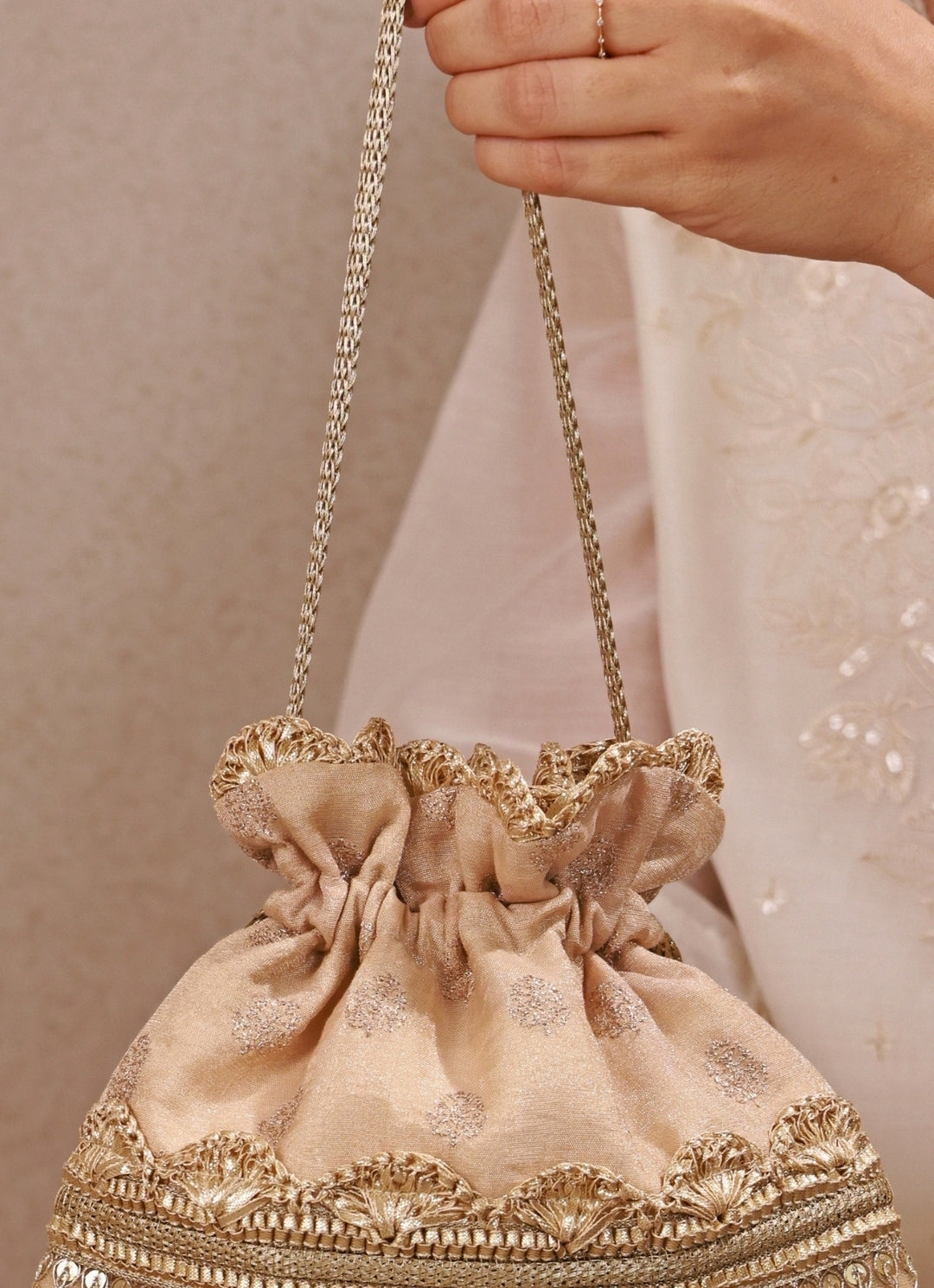 Beige Brocade Silk Potli
