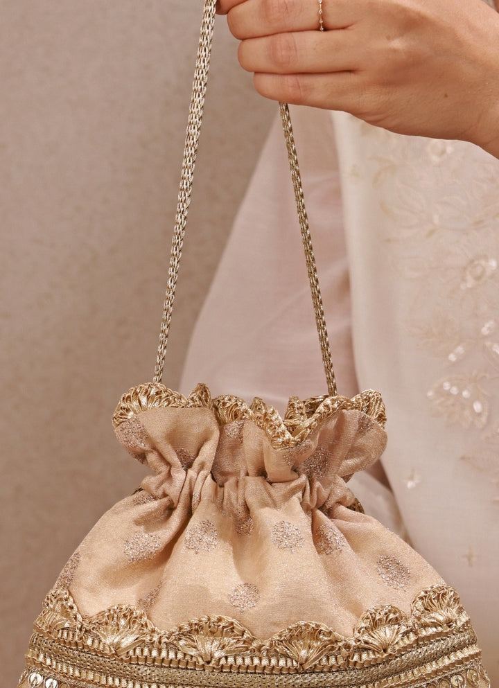 Beige Brocade Silk Potli