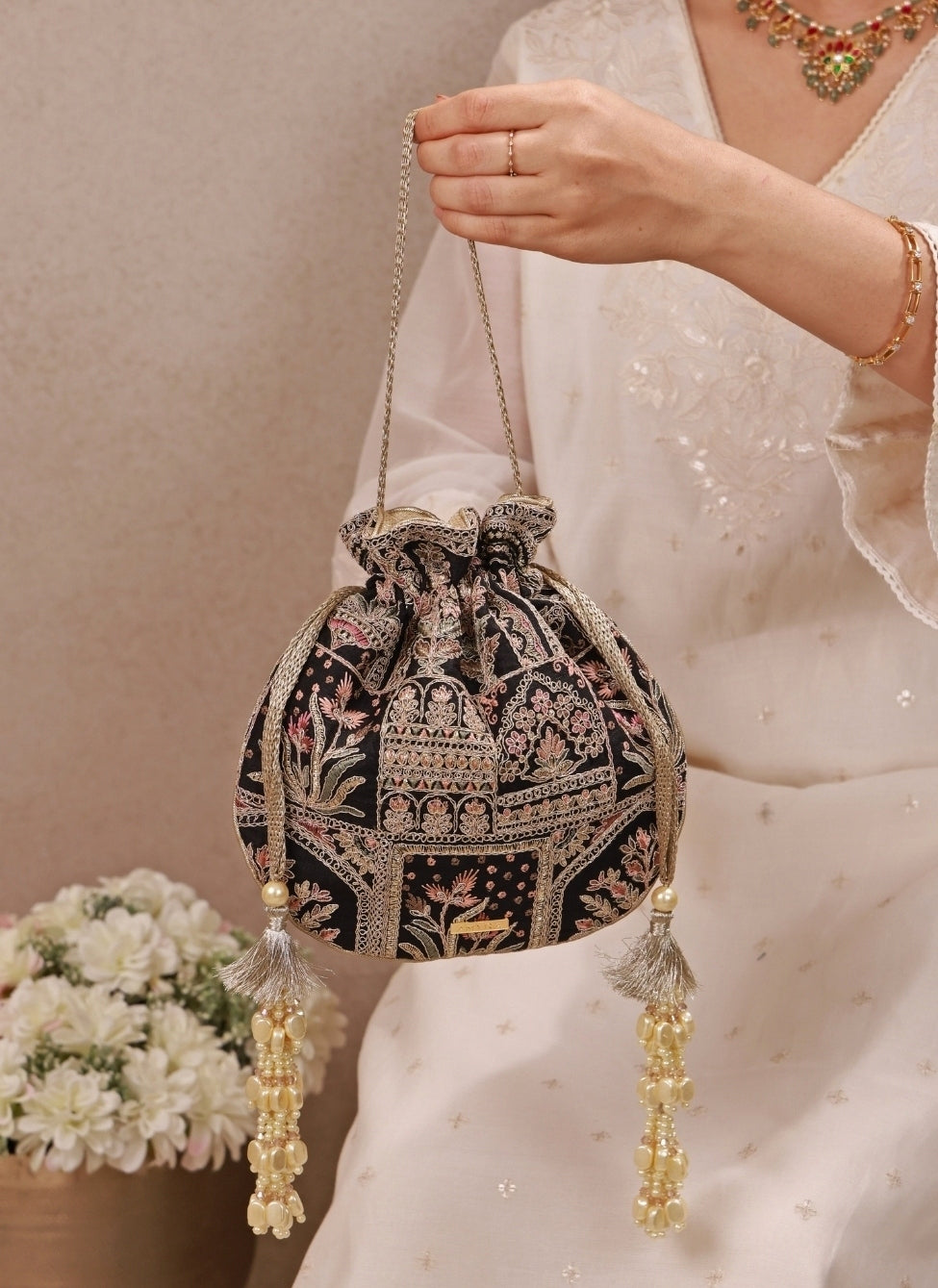 Black Embroidered Silk Potli