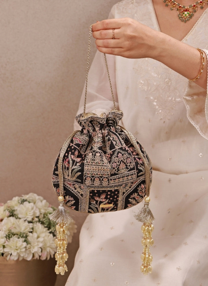 Black Embroidered Silk Potli