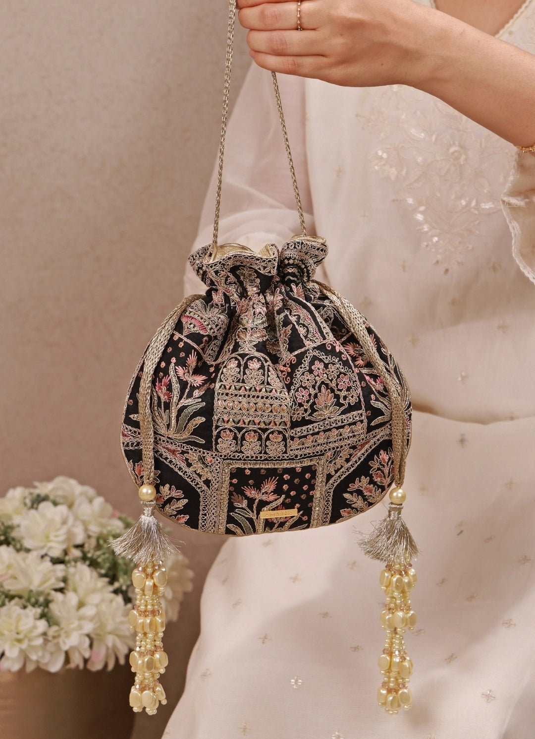 Black Embroidered Silk Potli