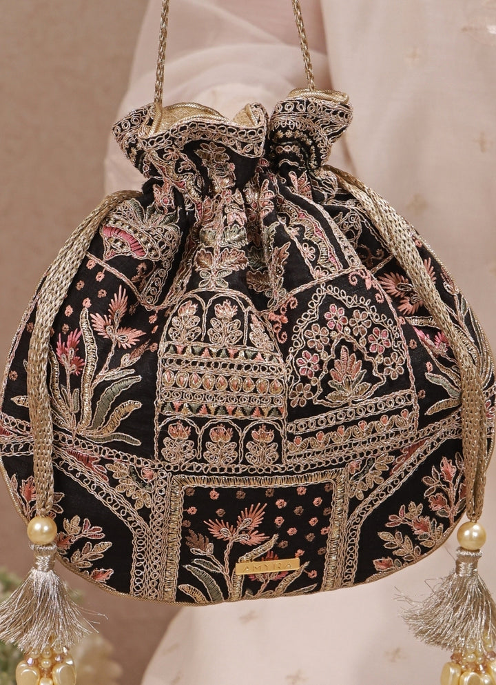 Black Embroidered Silk Potli