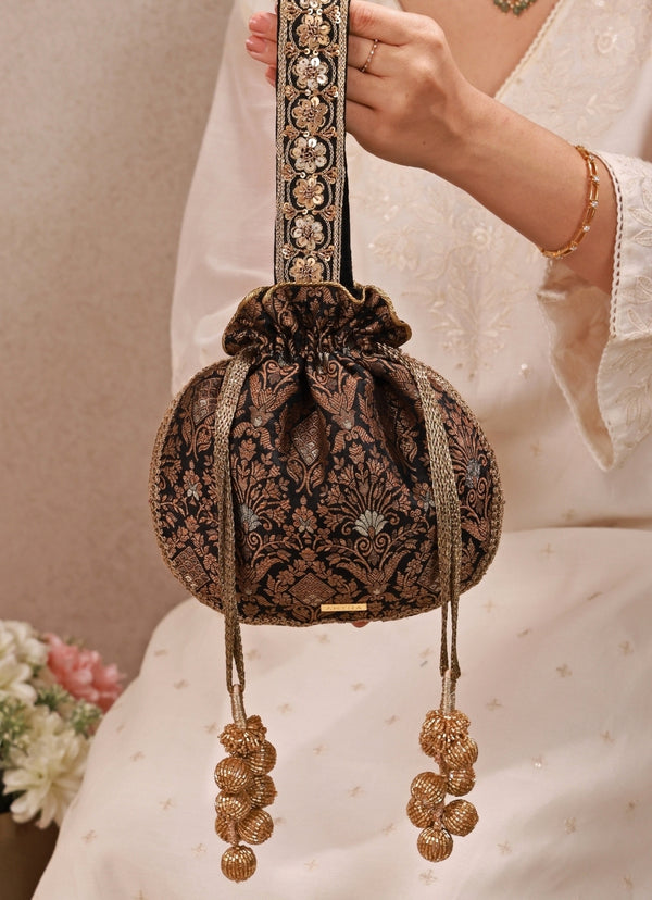 Black Pure Silk Top Handle Potli