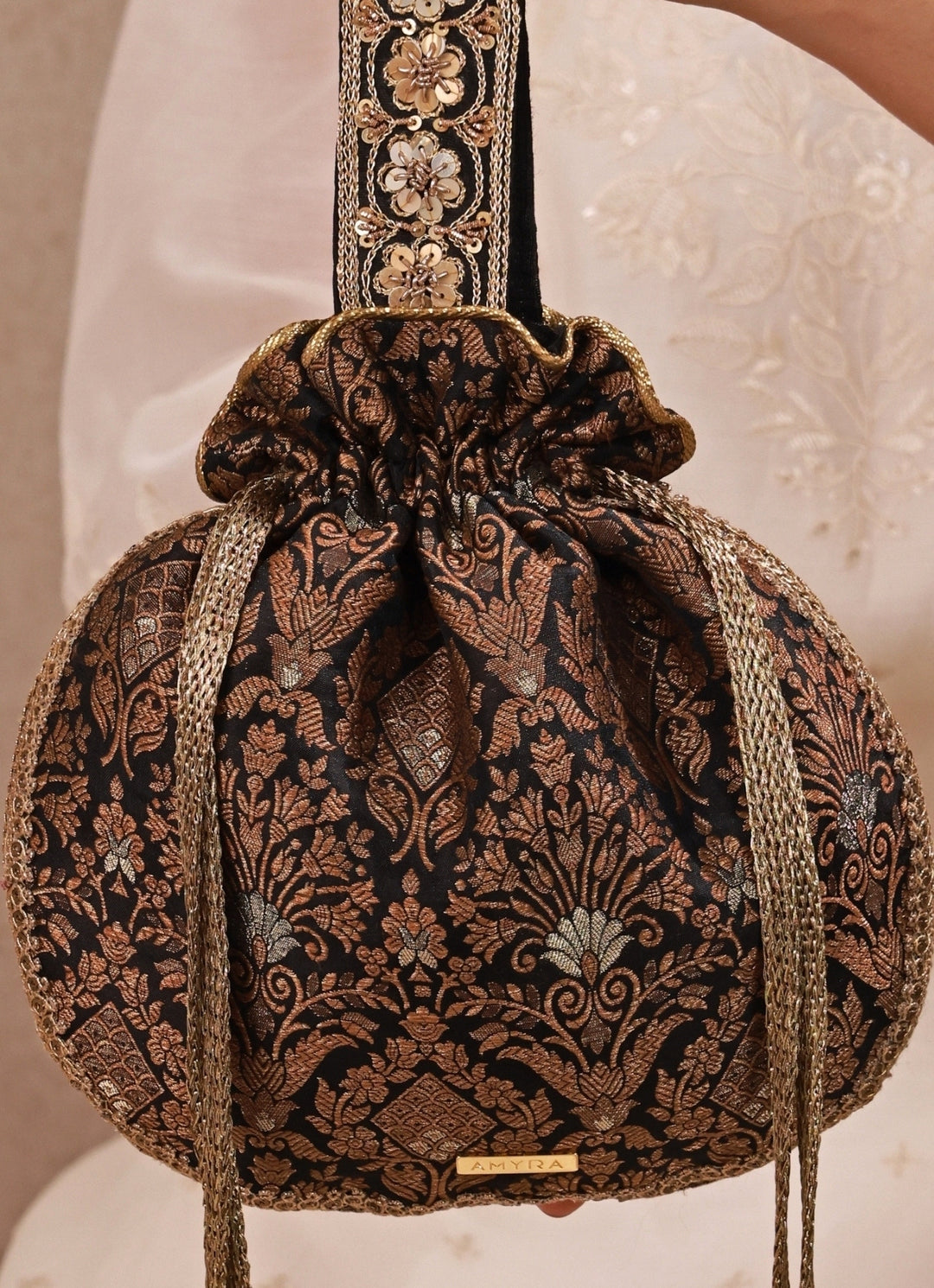 Black Pure Silk Top Handle Potli