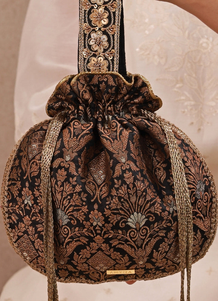 Black Pure Silk Top Handle Potli