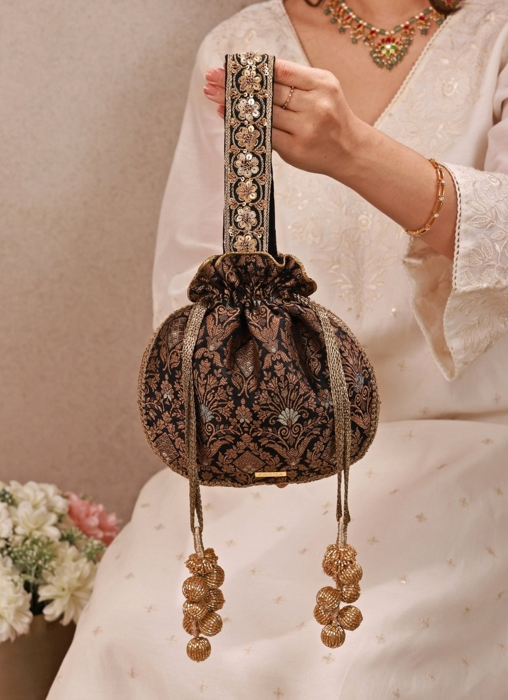 Black Pure Silk Top Handle Potli