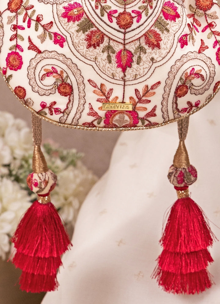 Ivory Embroidered Georgette Round Potli