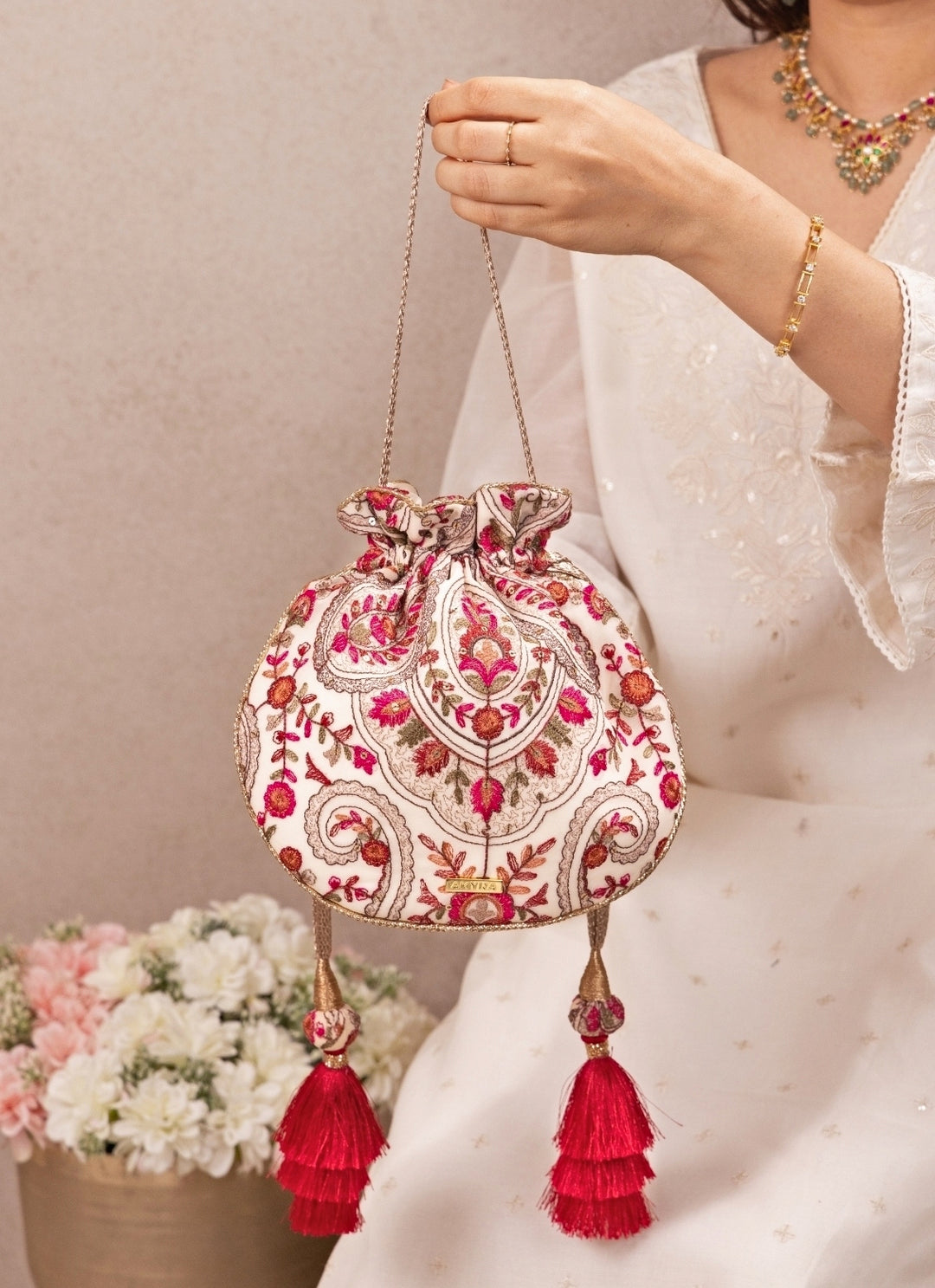 Ivory Embroidered Georgette Round Potli
