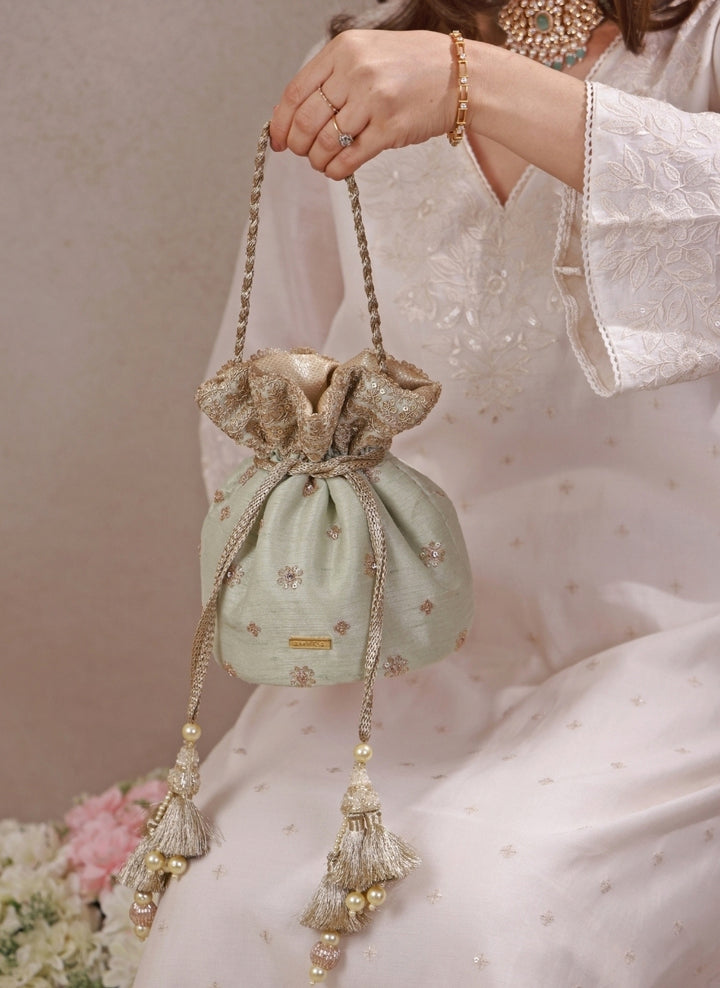 Mint Green Embroidered Silk Potli